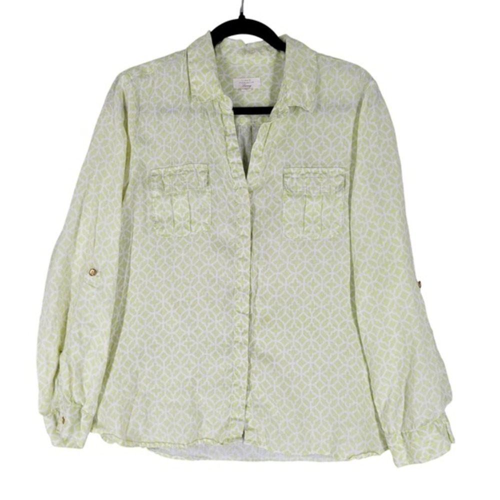 Charter Club Linen Button Down Shirt Women Large Green White Geometric Excellent